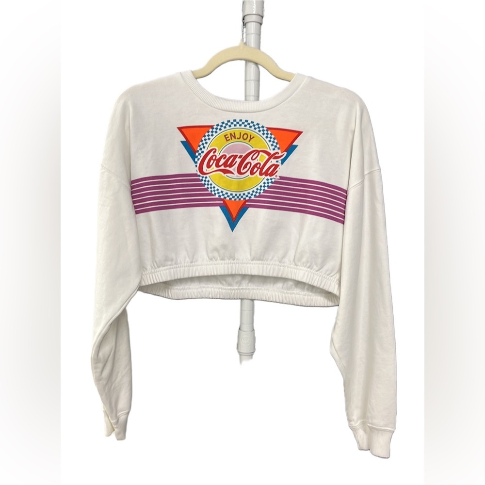 Coca Cola White Cropped Sweatshirt with Retro Multicolor Logo